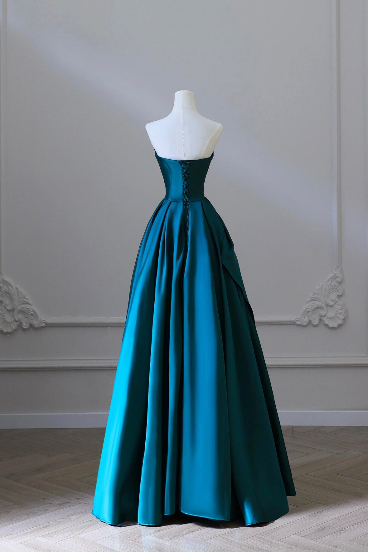 Simple Blue Satin Pleated Long Party Dress A-Line Strapless Prom Dress with Slit