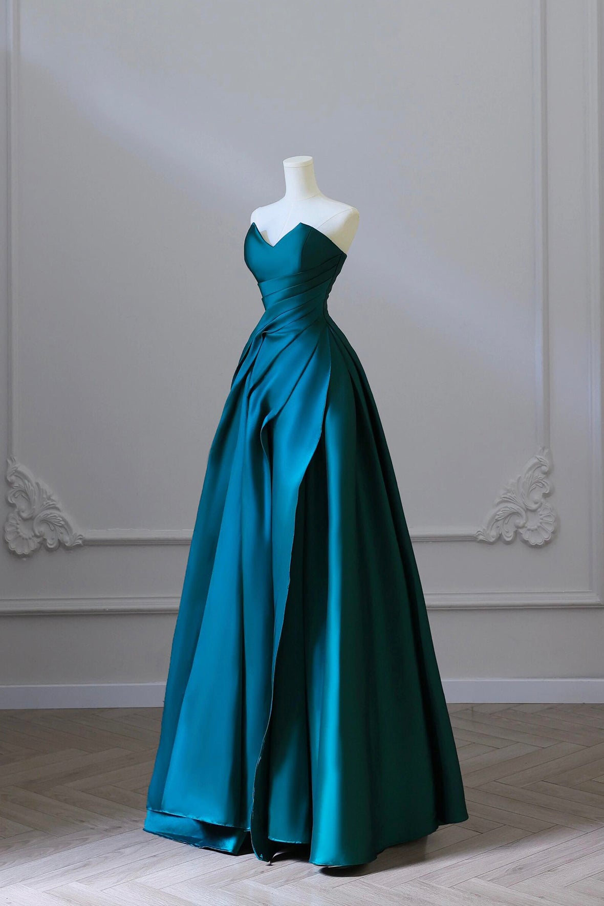 Simple Blue Satin Pleated Long Party Dress A-Line Strapless Prom Dress with Slit