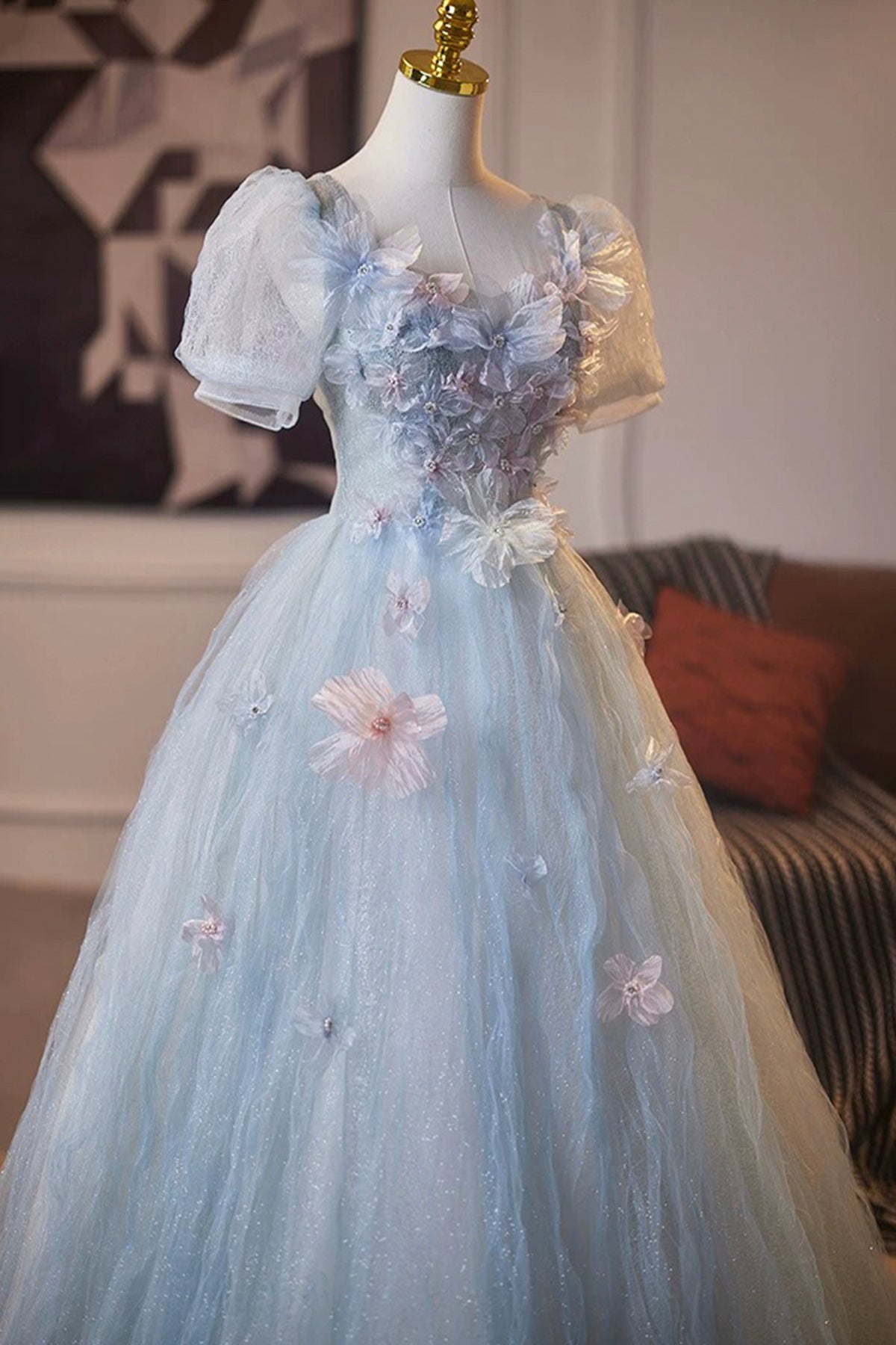 Blue Sparkly Tulle Princess Prom Dress Short Sleeve 3D Flowers Women's Party Dress