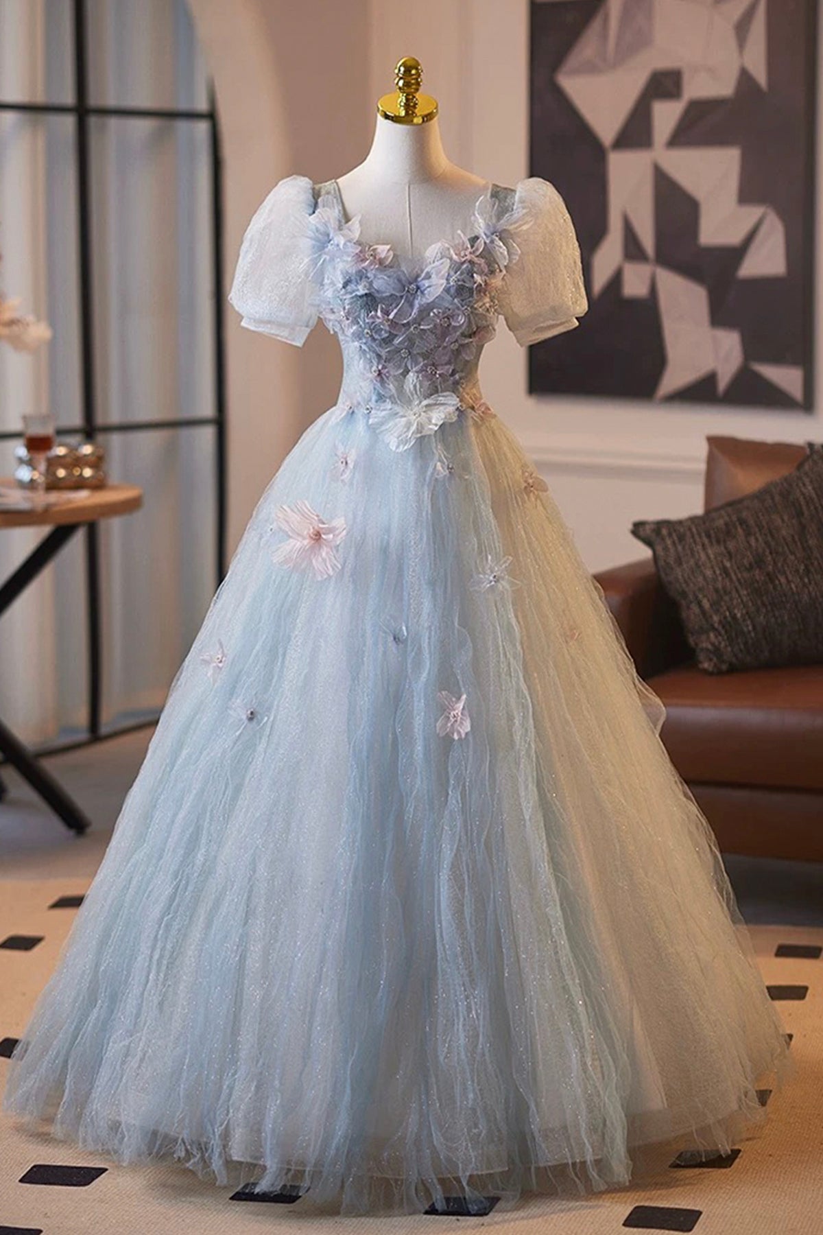 Blue Sparkly Tulle Princess Prom Dress Short Sleeve 3D Flowers Women's Party Dress
