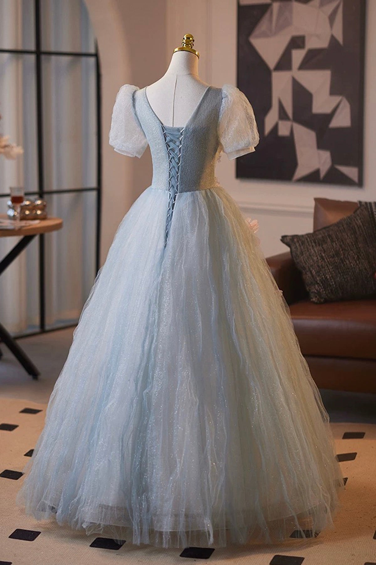 Blue Sparkly Tulle Princess Prom Dress Short Sleeve 3D Flowers Women's Party Dress