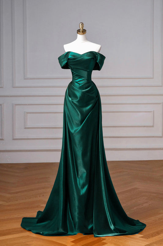 Green Party Dress A-Line Satin Floor Length Off Shoulder Evening Formal Dress
