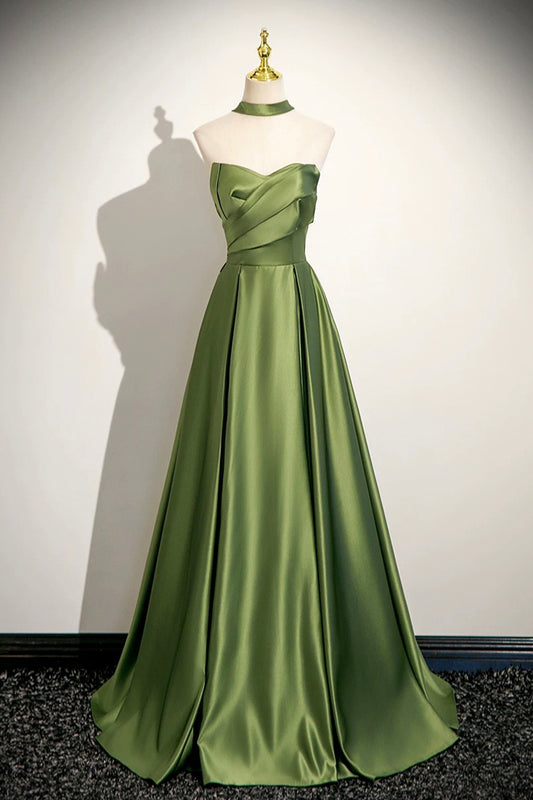 Beautiful Green Satin Prom Dress A-Line Princess Strapless Evening Dress