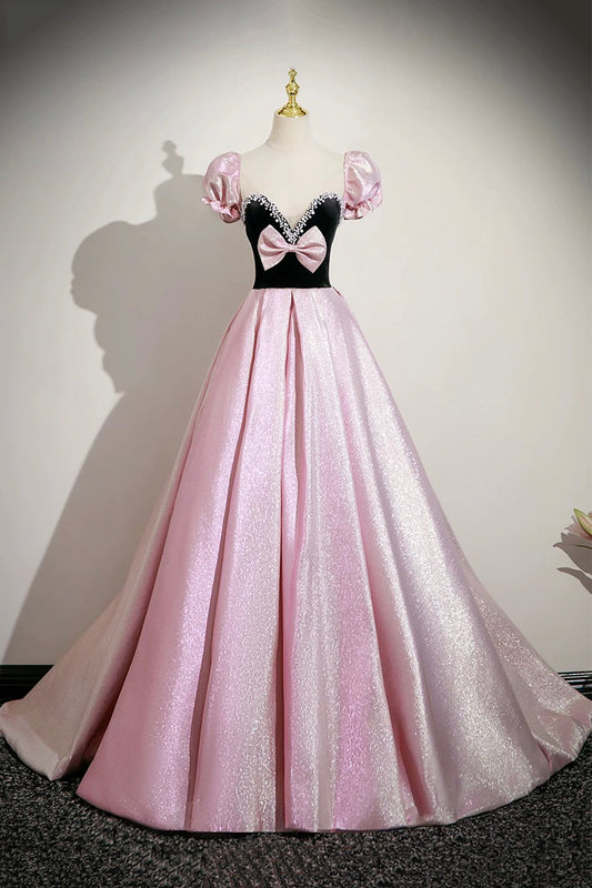 Pretty A-Line Party Dress Pink Satin Backless Evening Dress with Bow