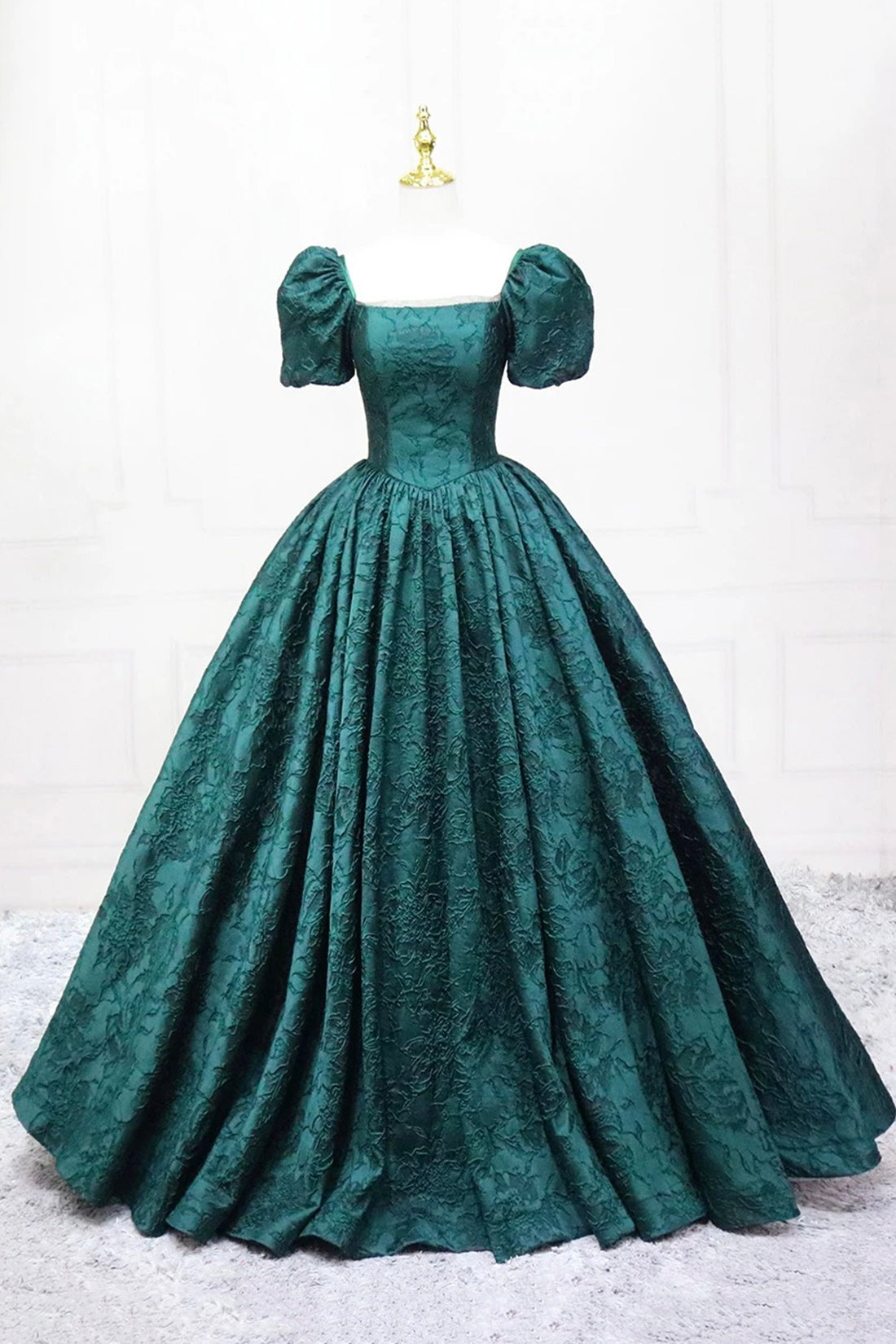 Retro Dark Green Printing Prom Dress A-Line Short Sleeve Backless  Floor-Length Formal Dress