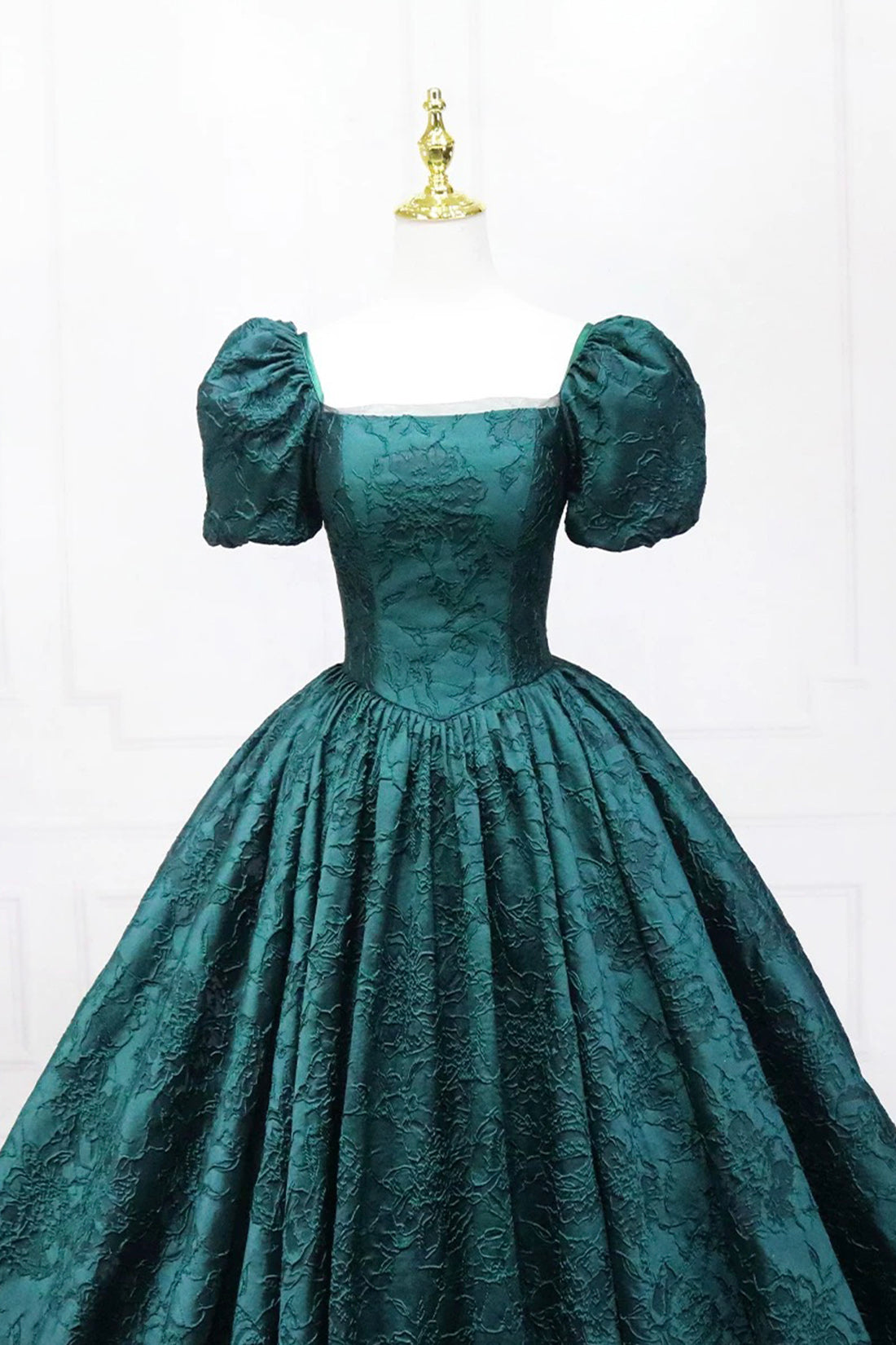 Retro Dark Green Printing Prom Dress A-Line Short Sleeve Backless  Floor-Length Formal Dress