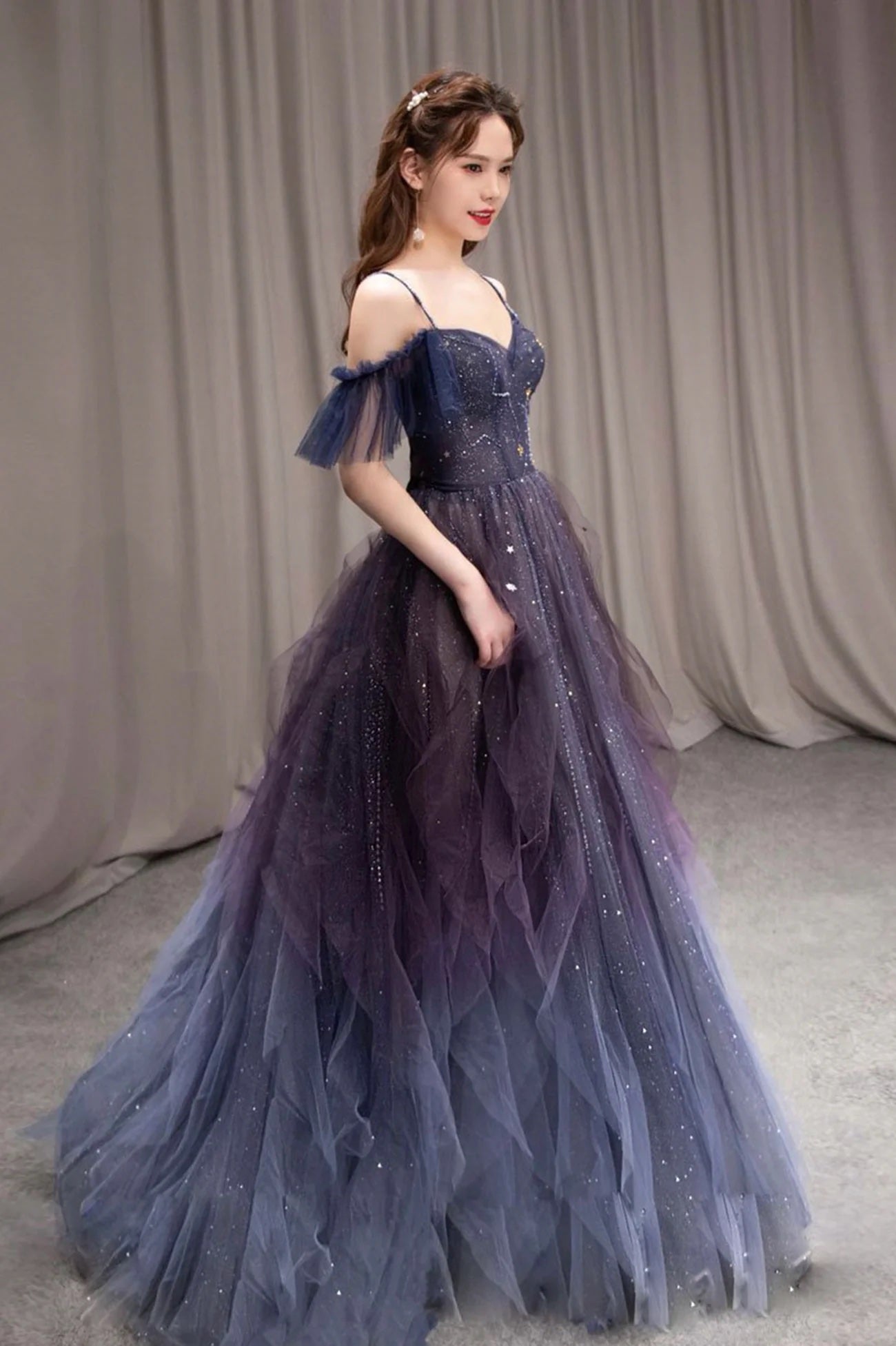 A Line Off Shoulder Strap Tulle Prom Dress Gradient Color Elegant Formal Occasion Party Dress