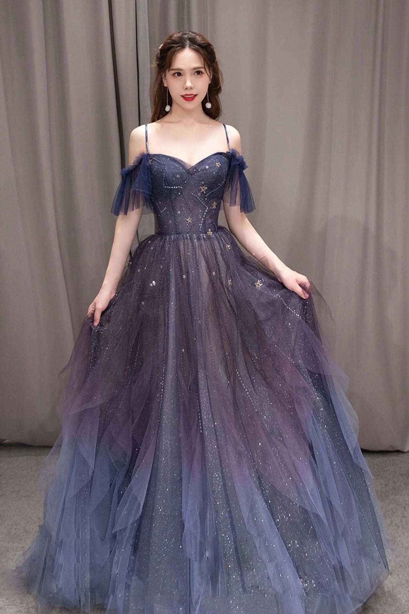 A Line Off Shoulder Strap Tulle Prom Dress Gradient Color Elegant Formal Occasion Party Dress