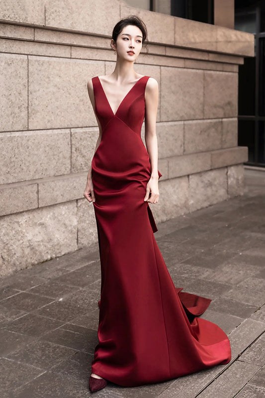 Pretty Mermaid Party Dress Wine Red Satin Backless Evening Dress with Bow