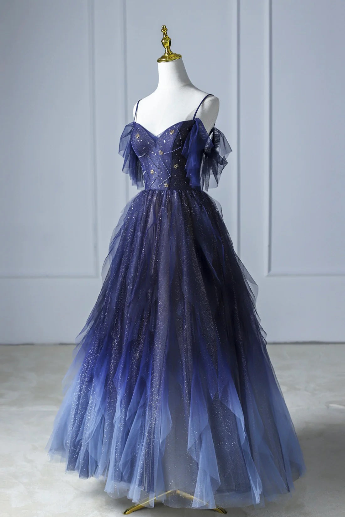 A Line Off Shoulder Strap Tulle Prom Dress Blue Gradient Color Elegant Formal Occasion Party Dress