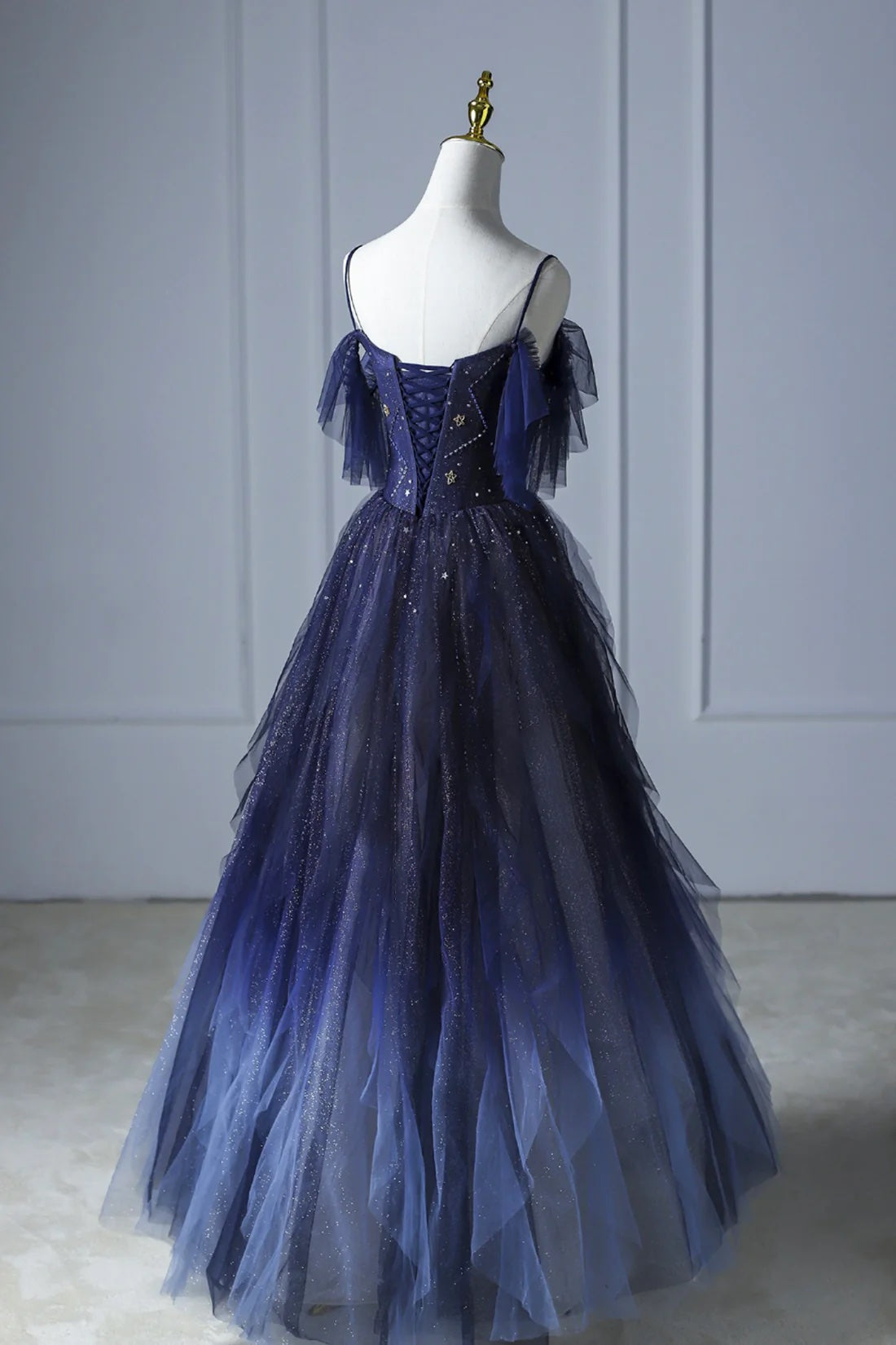 A Line Off Shoulder Strap Tulle Prom Dress Blue Gradient Color Elegant Formal Occasion Party Dress