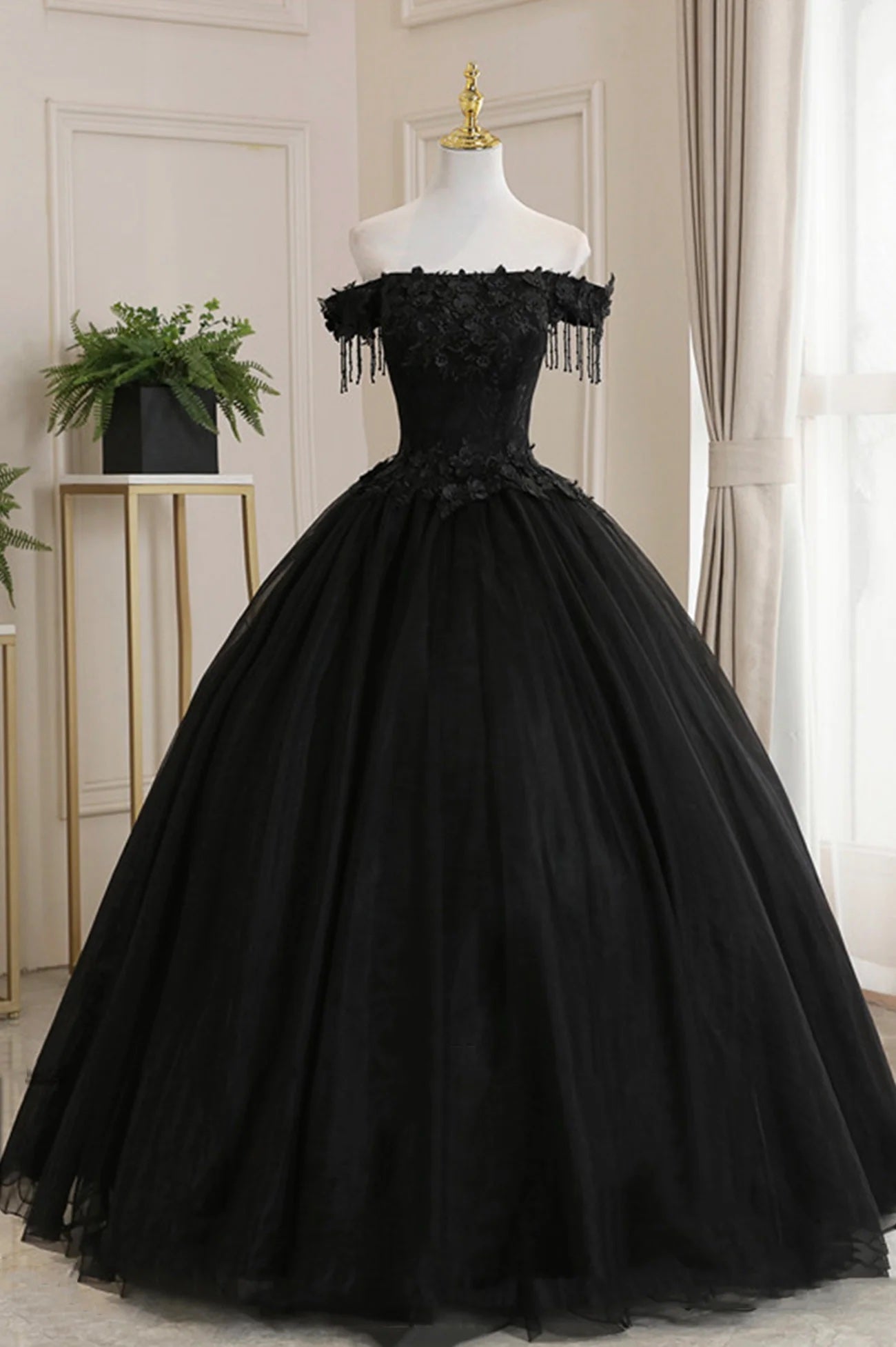 Black Ball Gown A-Line Corset Lace Floor Length Formal Dress Princess Evening Dress