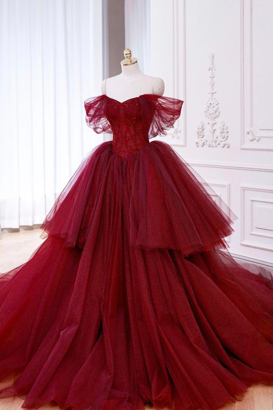 Ball Gown Wine Red Layered Tulle Formal Dress Elegant Off Shoulder Party Dress