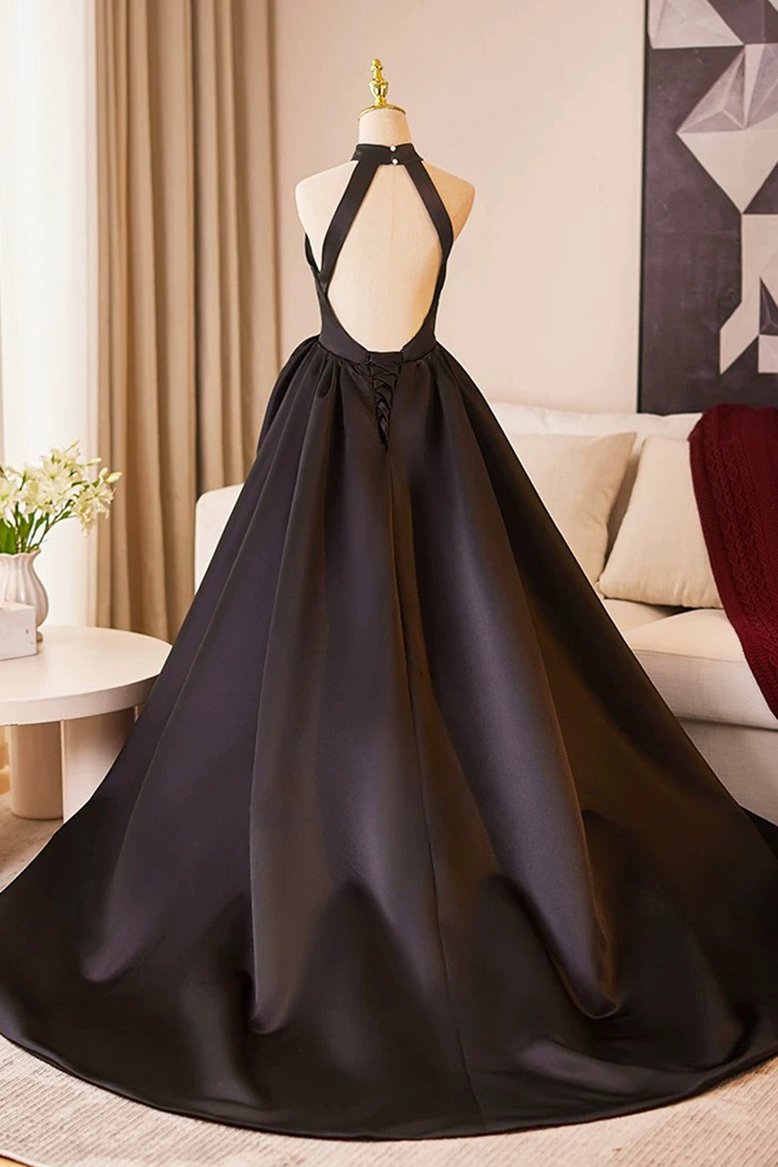 Evening Dress A-Line Black Satin Halter Backless Minimalist Floor Length Formal Dresses