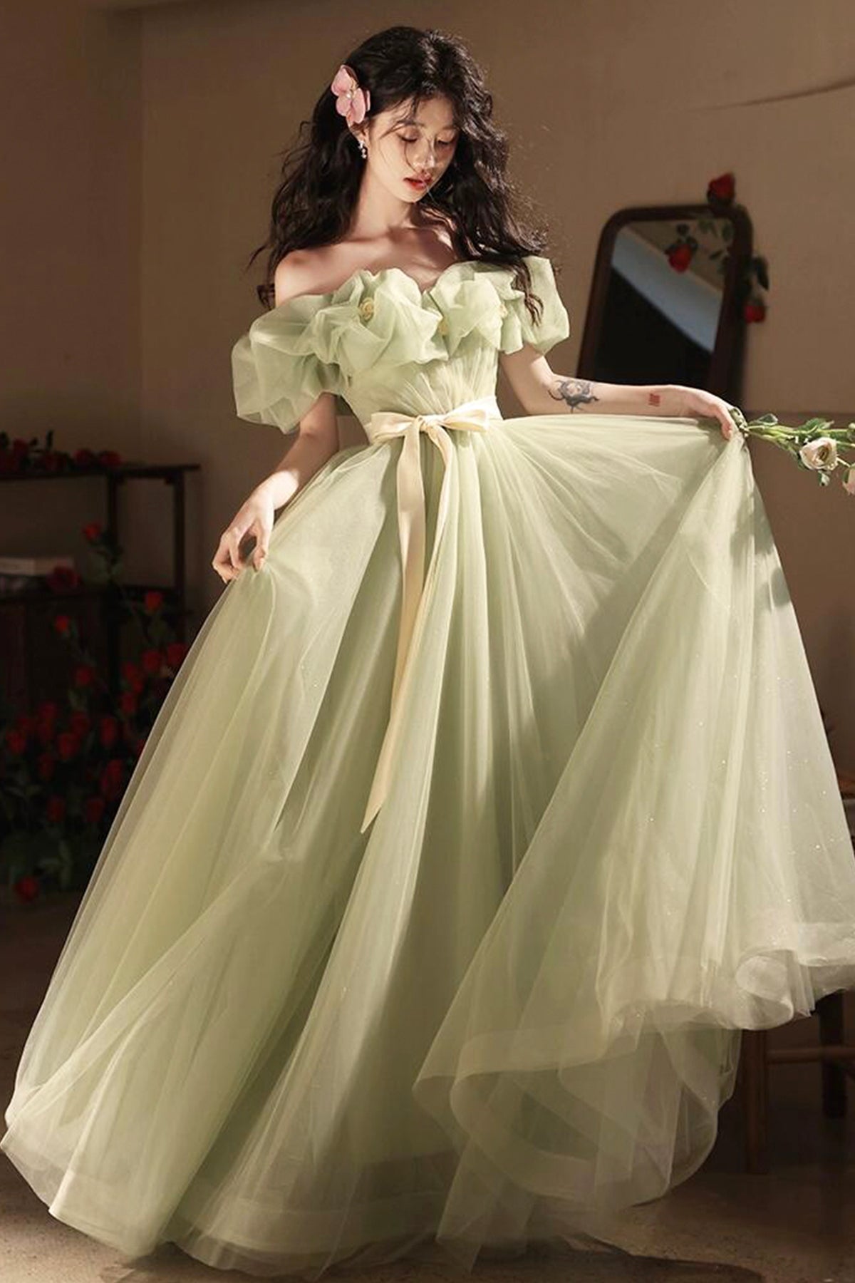 Mint Green Bow Sash Prom Dresses A-Line Princess Ruffle Off the Shoulder Floor Length Prom Formal Dresses