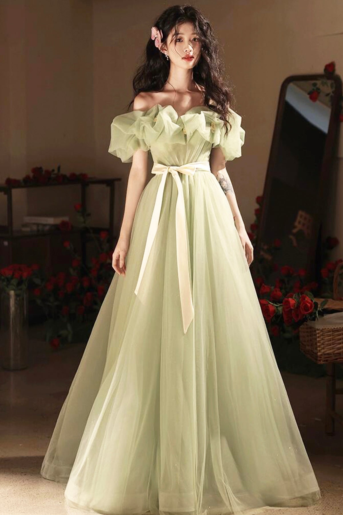 Mint Green Bow Sash Prom Dresses A-Line Princess Ruffle Off the Shoulder Floor Length Prom Formal Dresses