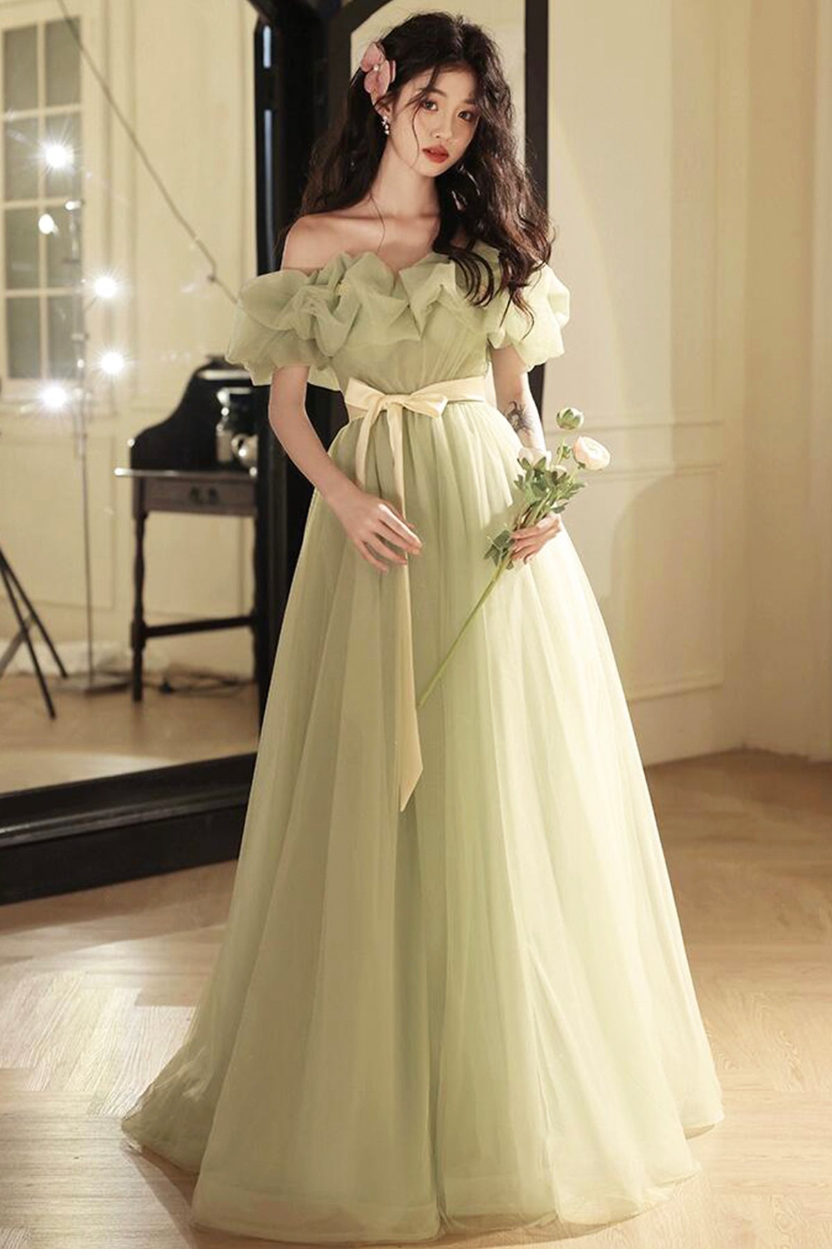 Mint Green Bow Sash Prom Dresses A-Line Princess Ruffle Off the Shoulder Floor Length Prom Formal Dresses