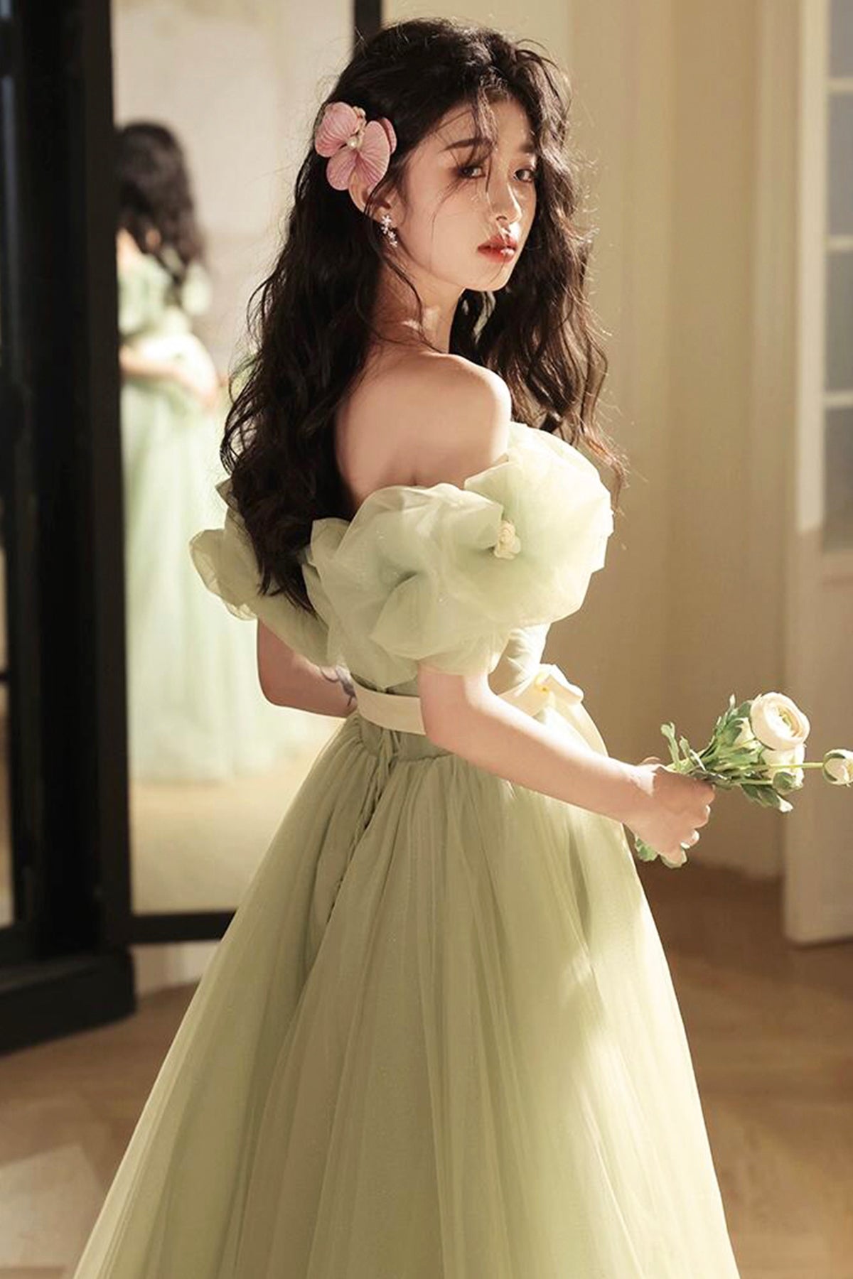 Mint Green Bow Sash Prom Dresses A-Line Princess Ruffle Off the Shoulder Floor Length Prom Formal Dresses