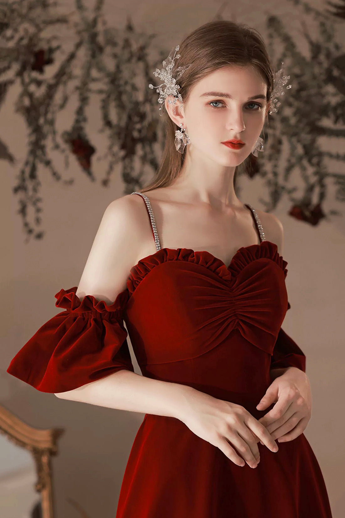 Wine Red Velvet Bodice Spaghetti Straps Corset Long Formal Evening Prom Dresses Women Party Dress