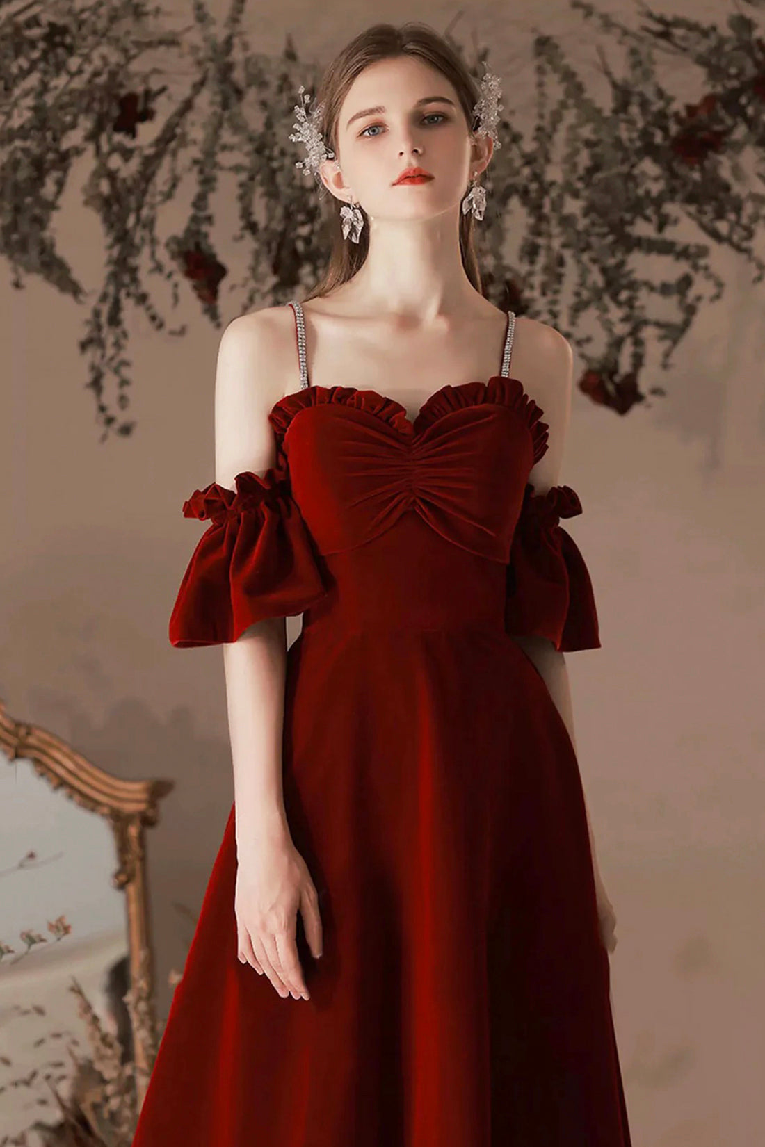 Wine Red Velvet Bodice Spaghetti Straps Corset Long Formal Evening Prom Dresses Women Party Dress