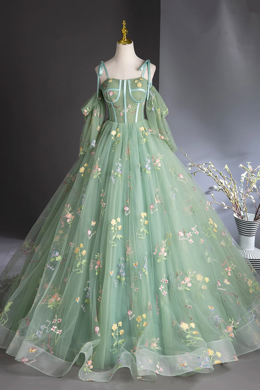 Green Lace Prom Dress Spaghetti Strap Princess Ball Gown Green Detachable Short Sleeve Party Dress