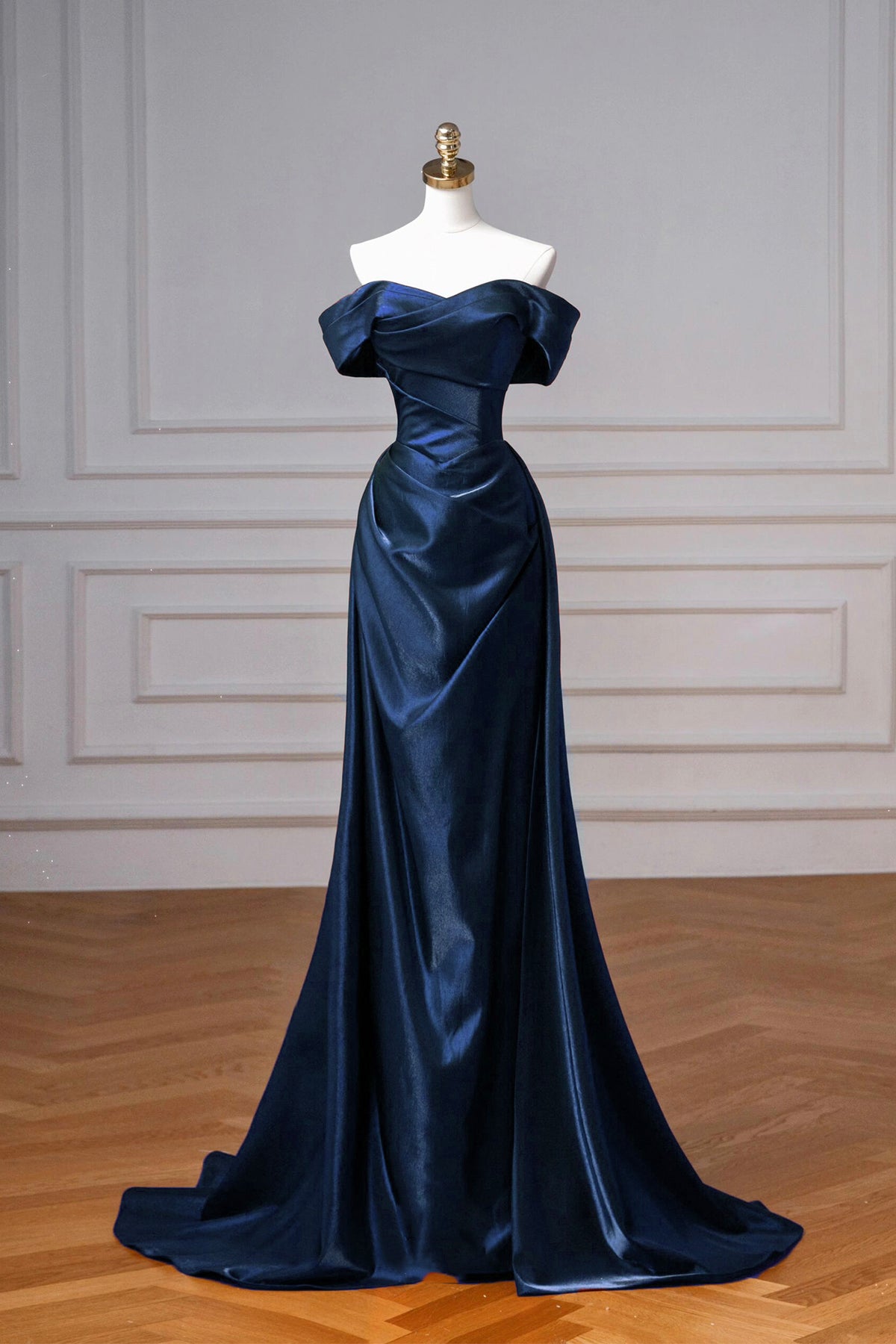 Navy Party Dress A-Line Satin Floor Length Off Shoulder Evening Formal Dress