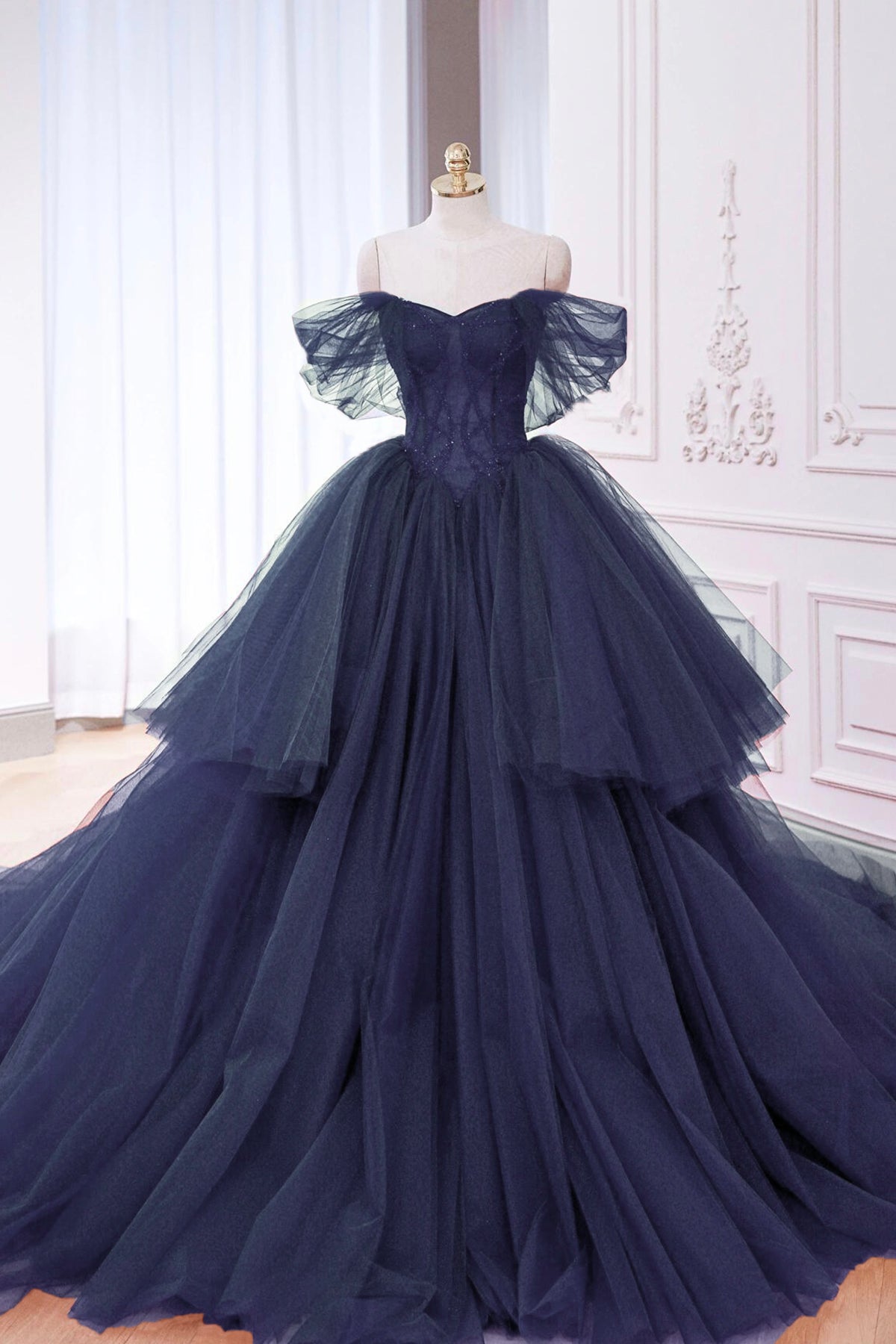 Ball Gown Navy Layered Tulle Formal Dress Elegant Off Shoulder Party Dress