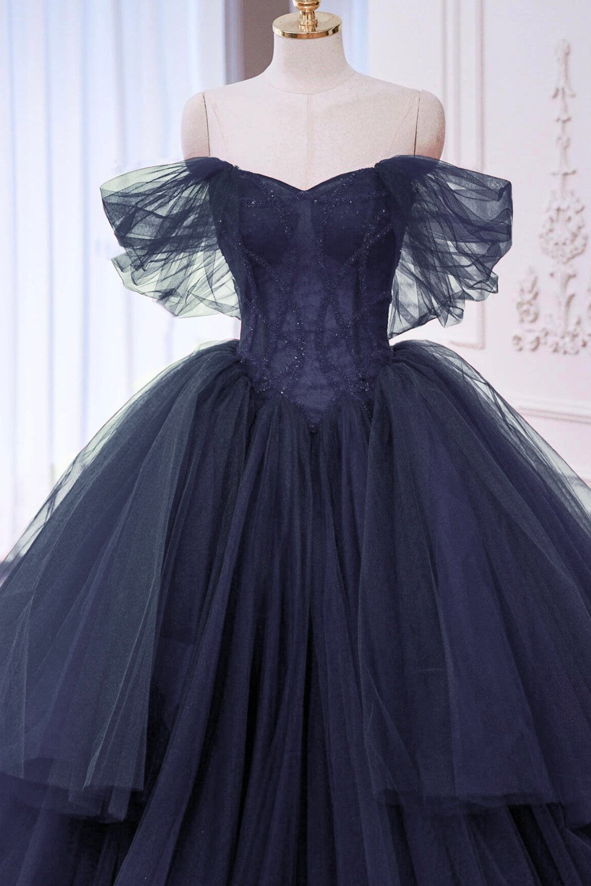 Ball Gown Navy Layered Tulle Formal Dress Elegant Off Shoulder Party Dress