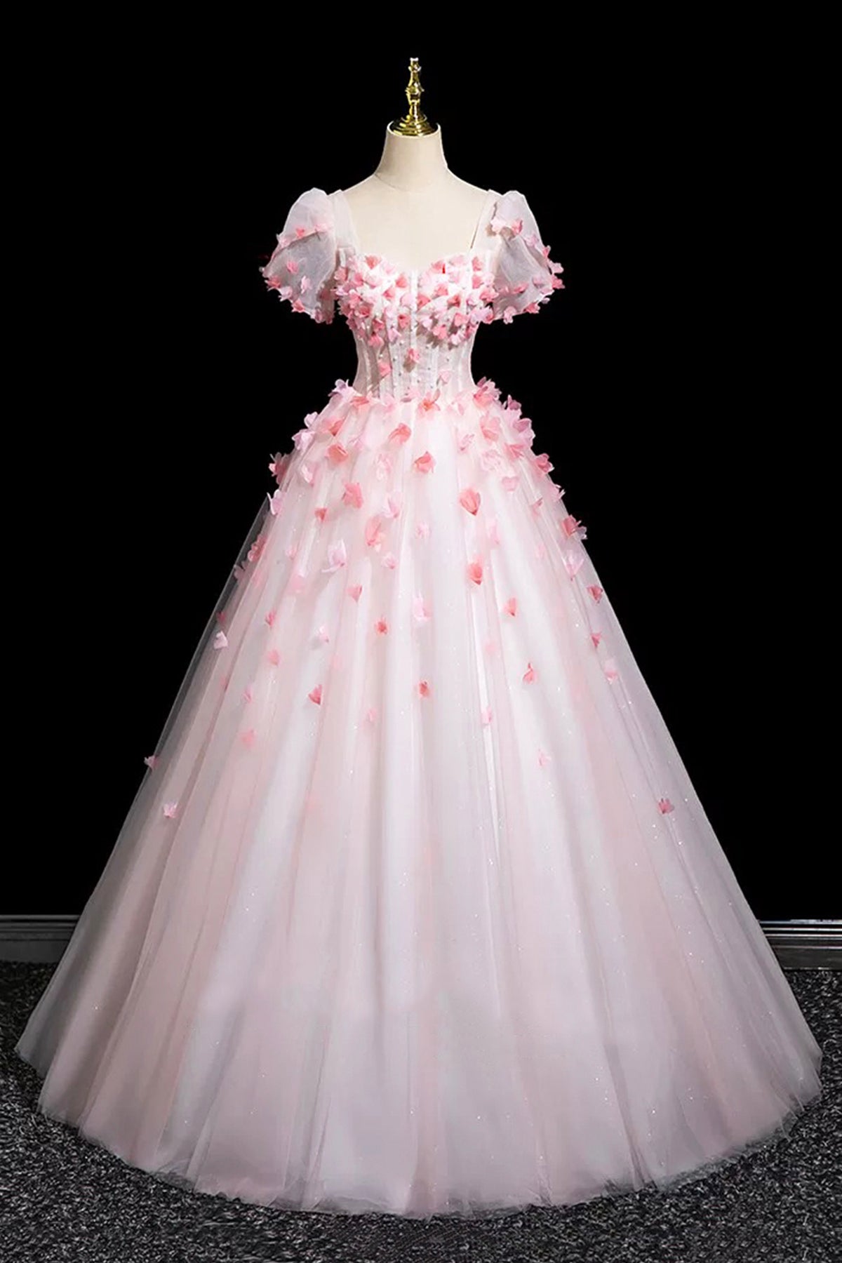 Pink Tulle Princess Ball Gown Formal Dress Short Sleeve 3D Flowers Women's Party Dress