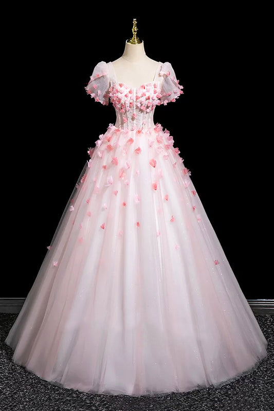 Pink Tulle Princess Ball Gown Formal Dress Short Sleeve 3D Flowers Women's Party Dress