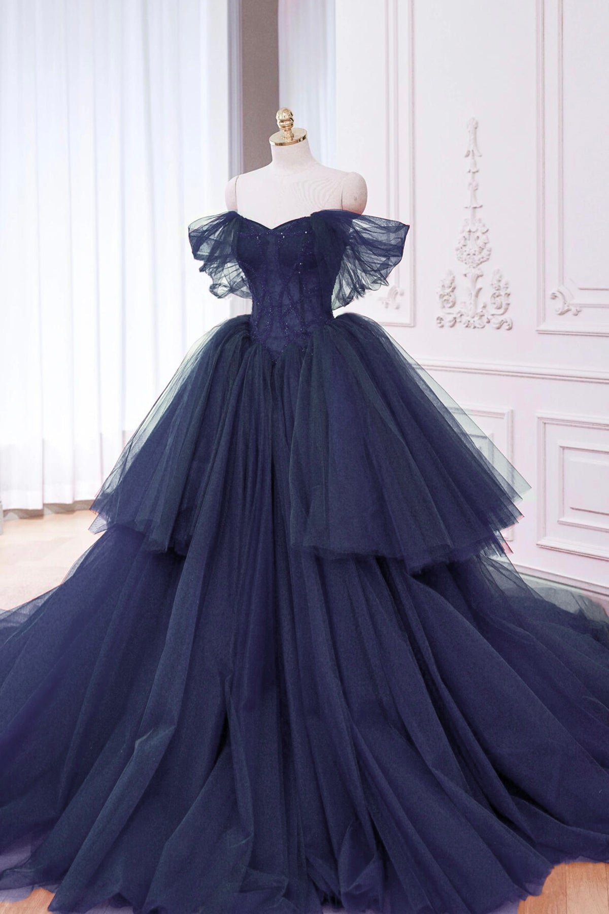 Ball Gown Navy Layered Tulle Formal Dress Elegant Off Shoulder Party Dress