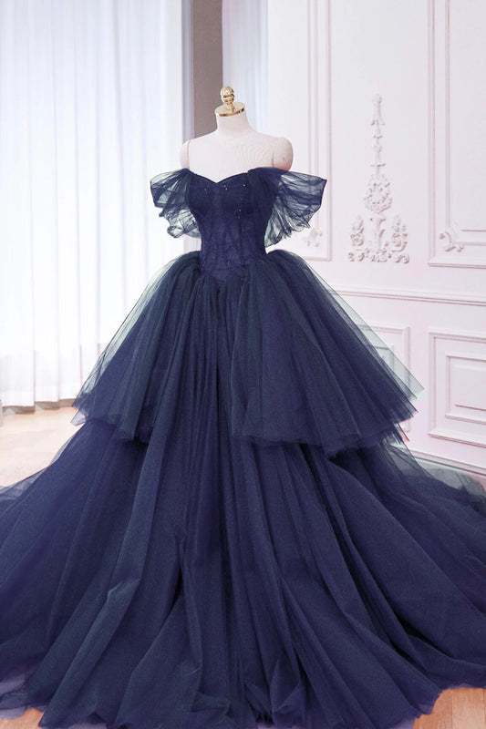 Ball Gown Navy Layered Tulle Formal Dress Elegant Off Shoulder Party Dress