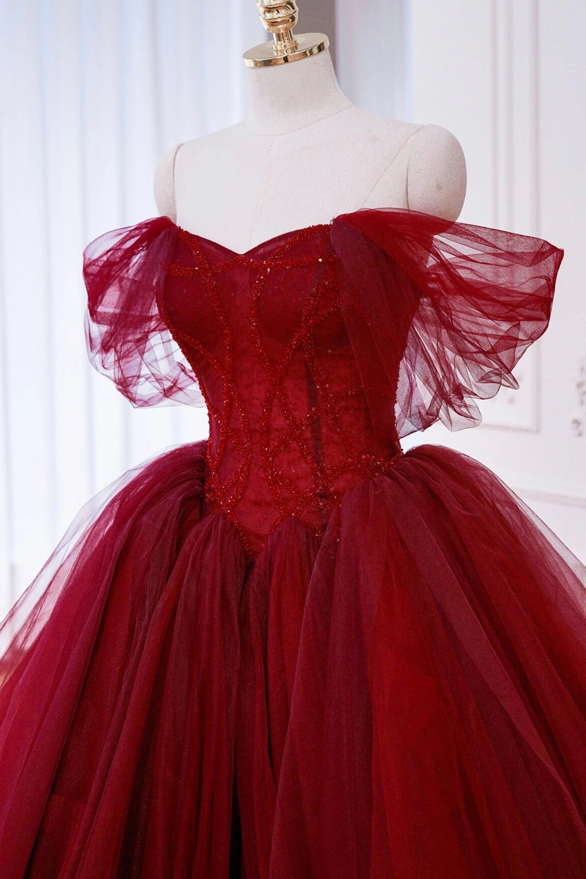 Ball Gown Wine Red Layered Tulle Formal Dress Elegant Off Shoulder Party Dress