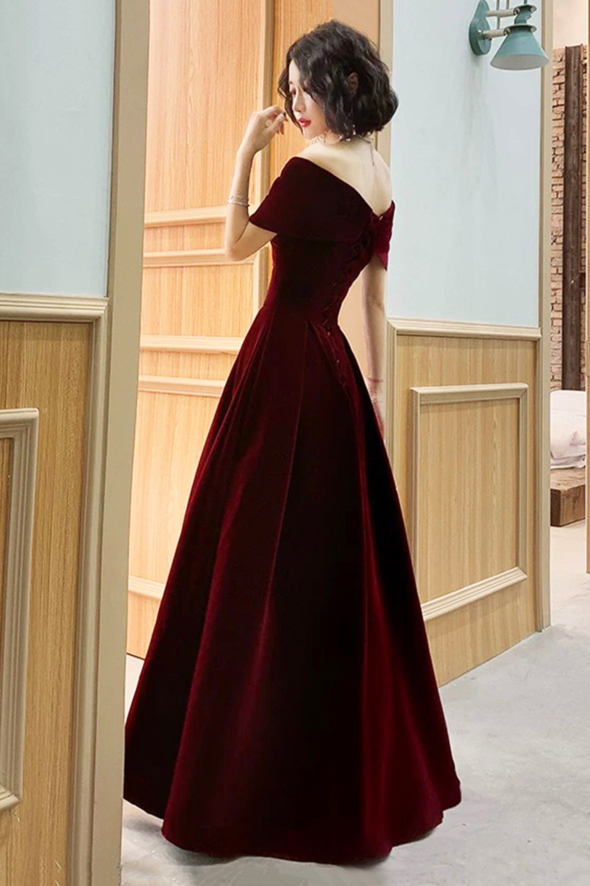 Burgundy Slash Neck Velvet Party Dress Pretty Floor Length Prom Evening Dress