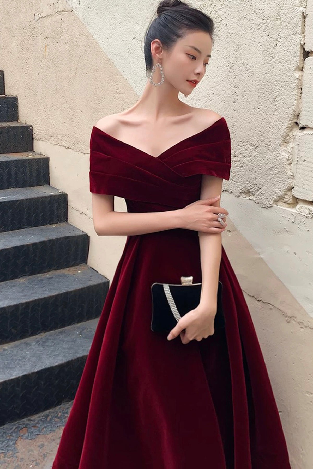 Burgundy Slash Neck Velvet Party Dress Pretty Knee Length Prom Evening Dress