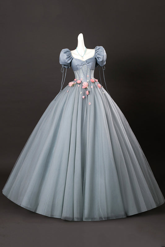 Beautiful Princess Dress A-Line Grey Short Sleeve Corset Long Formal Dress