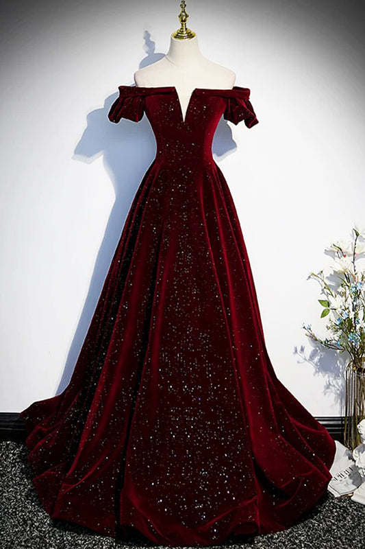 Fantasy Bling Burgundy Velvet Boat Neck Prom Dress A-Line Special Occasion Dress