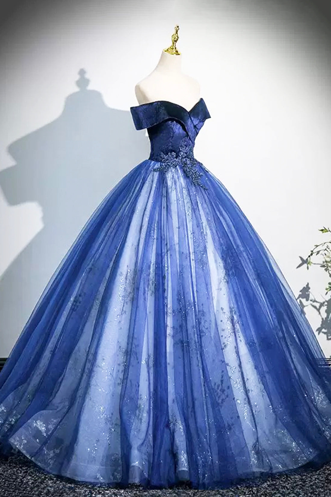 Blue Glitter Tulle Prom Dress Pretty Off Shoulder Floor Length Backless Evening Party Dress