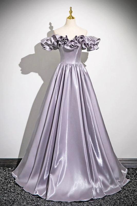 Lilac Satin Prom Dresses A-Line Off Shoulder Backless Floor-Length Fairy Prom Formal Dresses