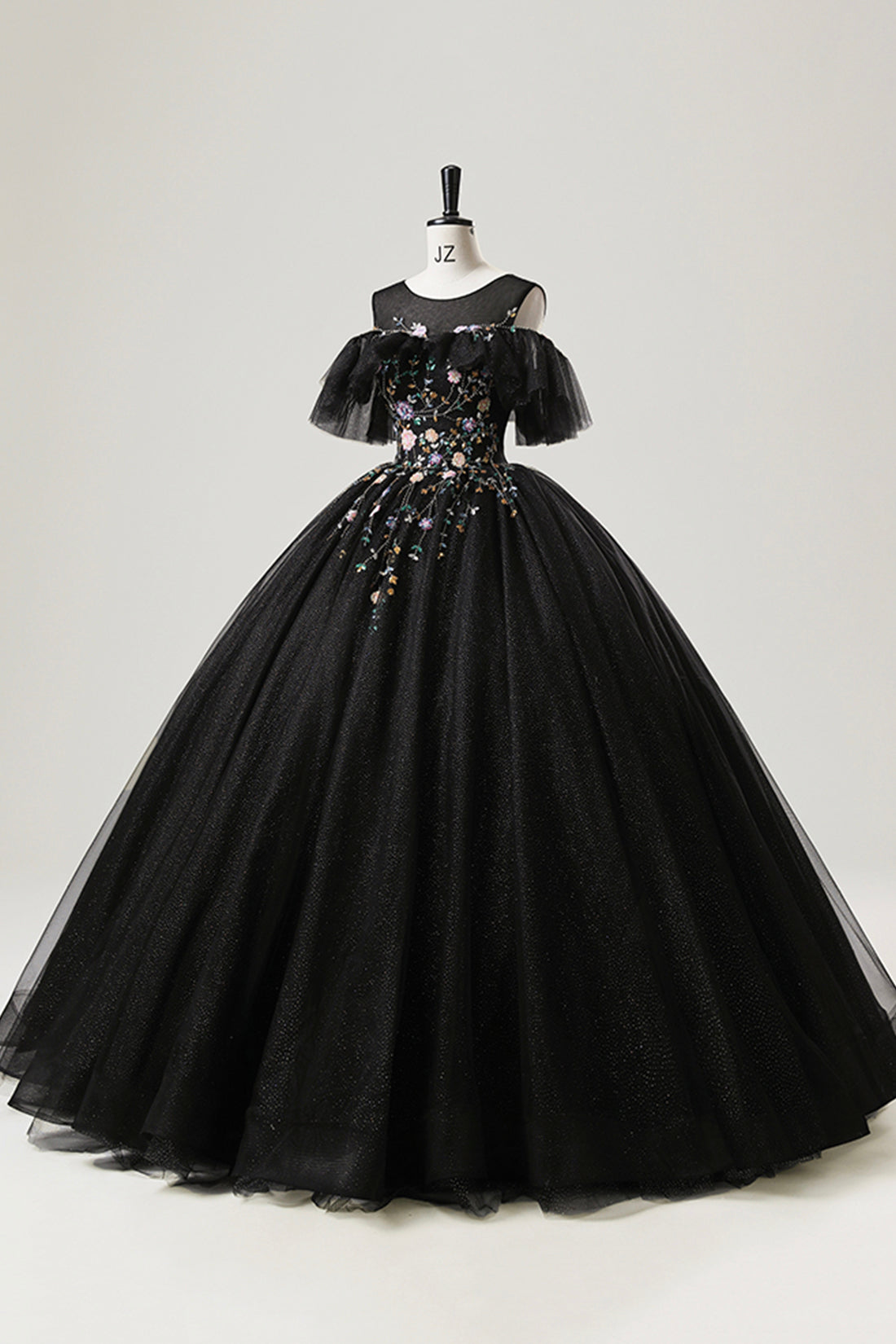 Black Sequins Flower Prom Dress Scoop Neck Short Sleeve Floor-Length Prom Formal Dress