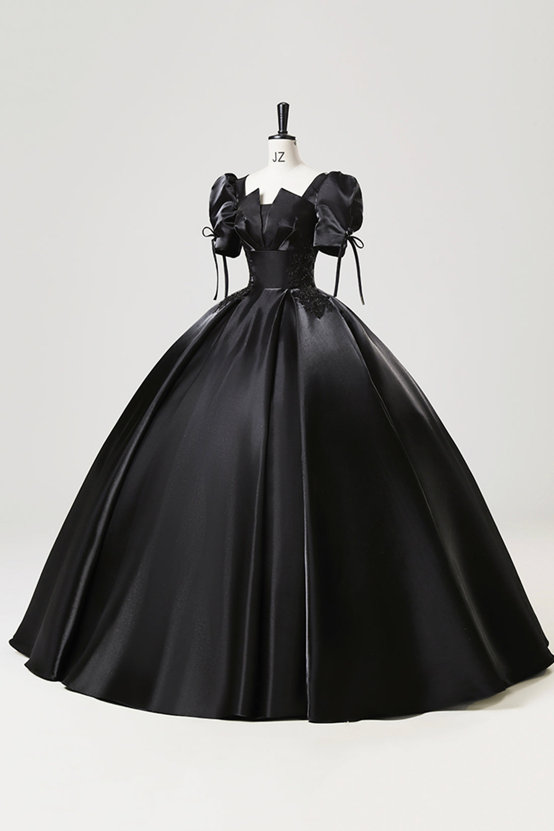 Ball Gown Elegant Short Sleeve Floor Length Formal Dress A-Line Black Satin Princess Dress