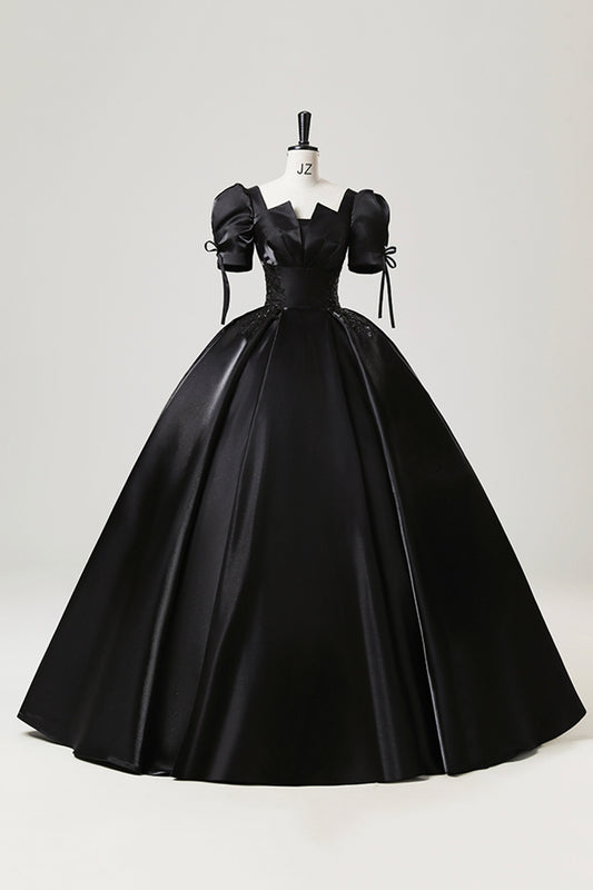 Ball Gown Elegant Short Sleeve Floor Length Formal Dress A-Line Black Satin Princess Dress