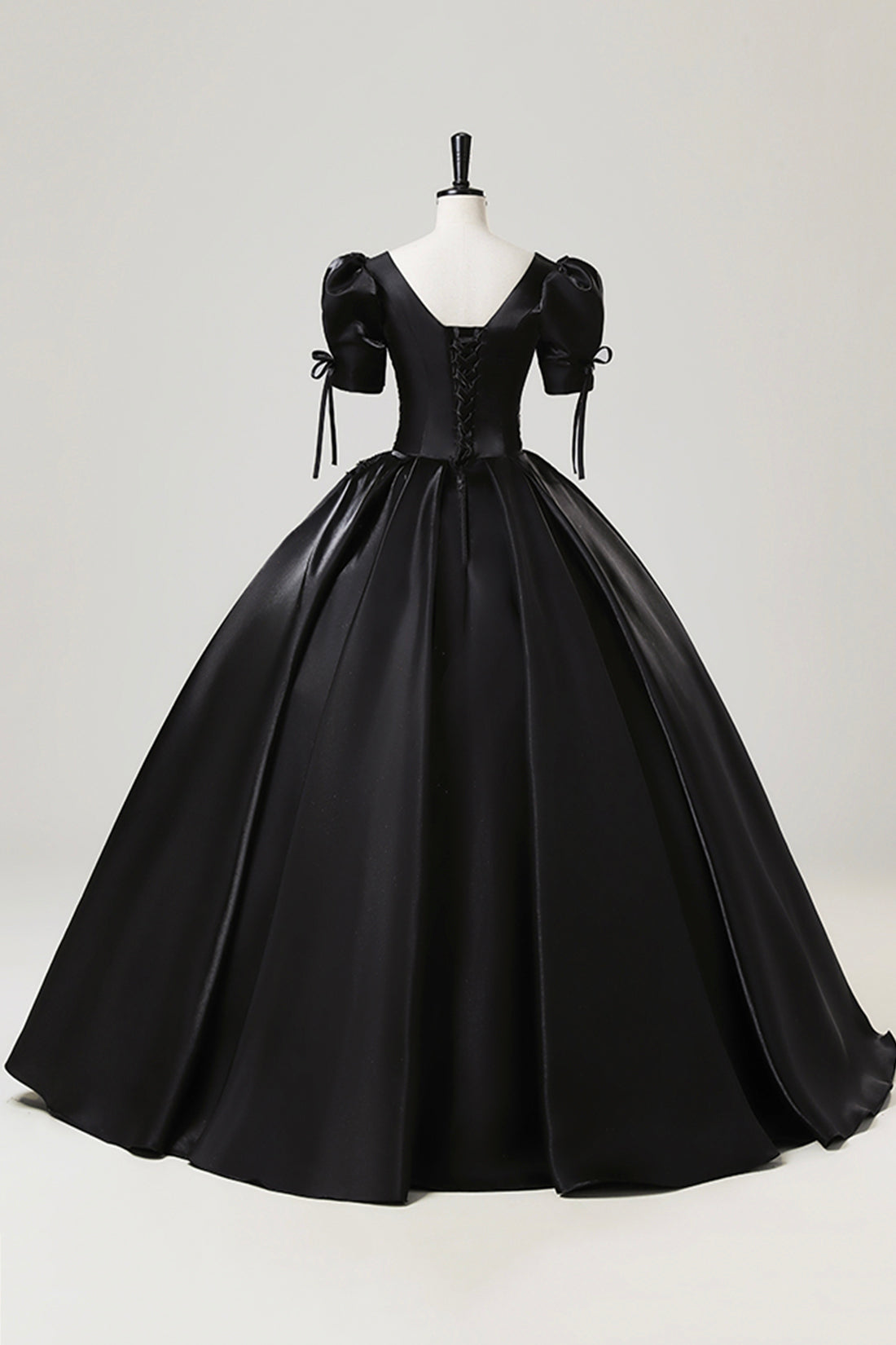 Ball Gown Elegant Short Sleeve Floor Length Formal Dress A-Line Black Satin Princess Dress