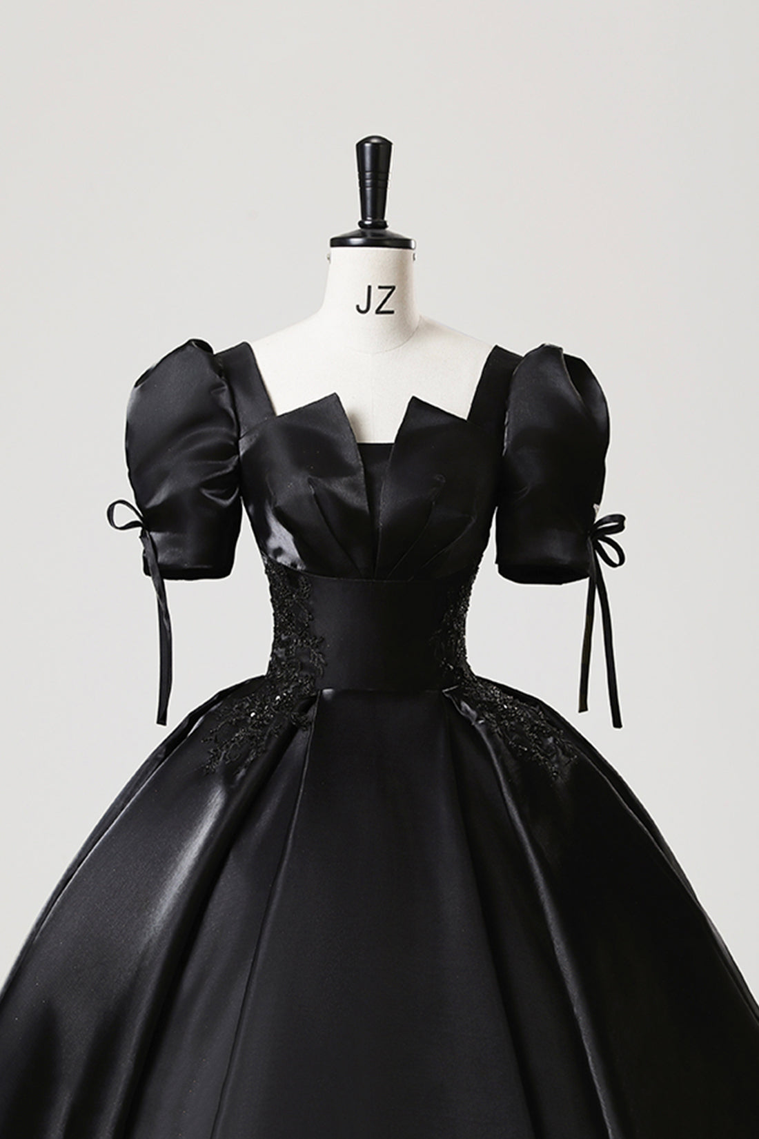 Ball Gown Elegant Short Sleeve Floor Length Formal Dress A-Line Black Satin Princess Dress