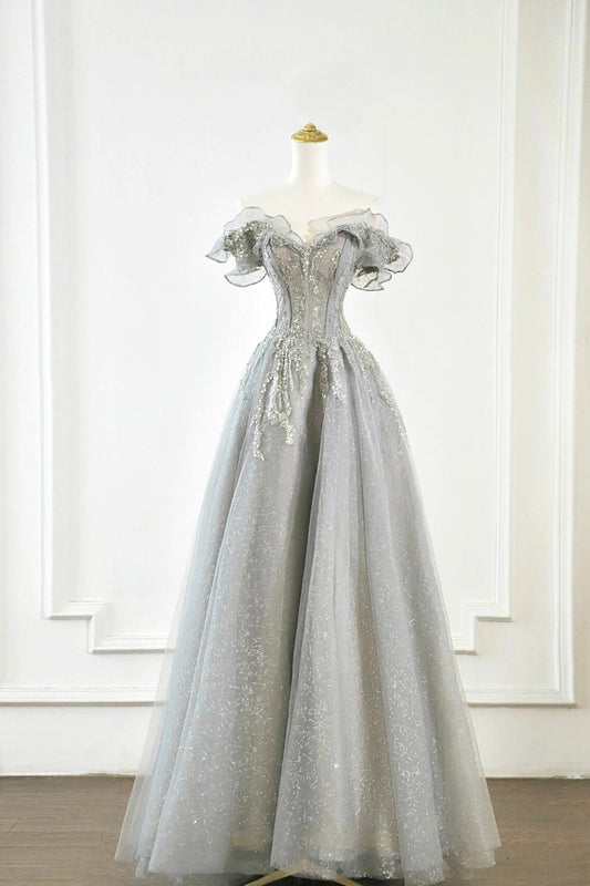 Grey Off Shoulder Prom Dress Fashionable Floor Length Tulle Formal Evening Dress