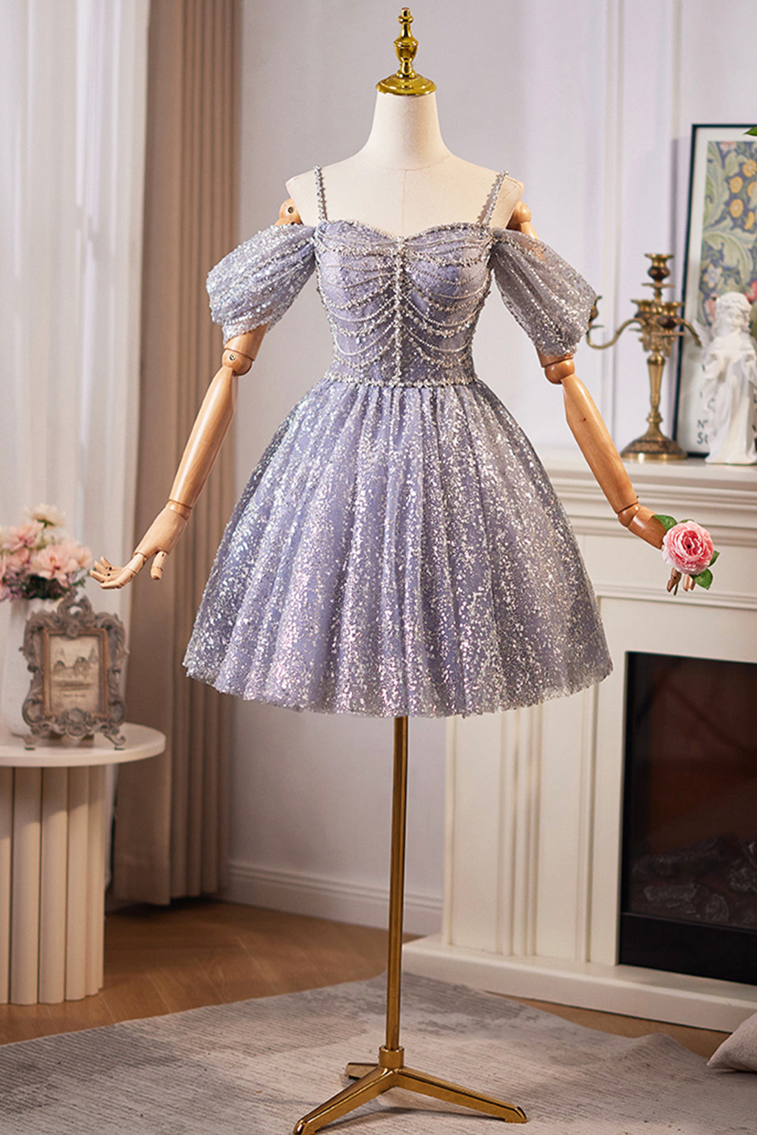 Light Blue Corset Short Evening Dress Shiny Sequins Formal Dress A-Line Off Shoulder Prom Party Dress