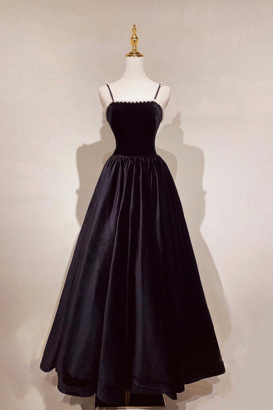 Black A-Line Elegant Prom Dresses Spaghetti Strap Pearls Velvet Floor Length Party Dresses