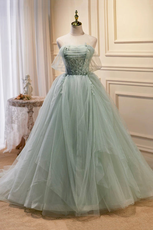 Ming Green Off the Shoulder Tulle Prom Dress Fashion Lace Pearls Long Evening Gowns