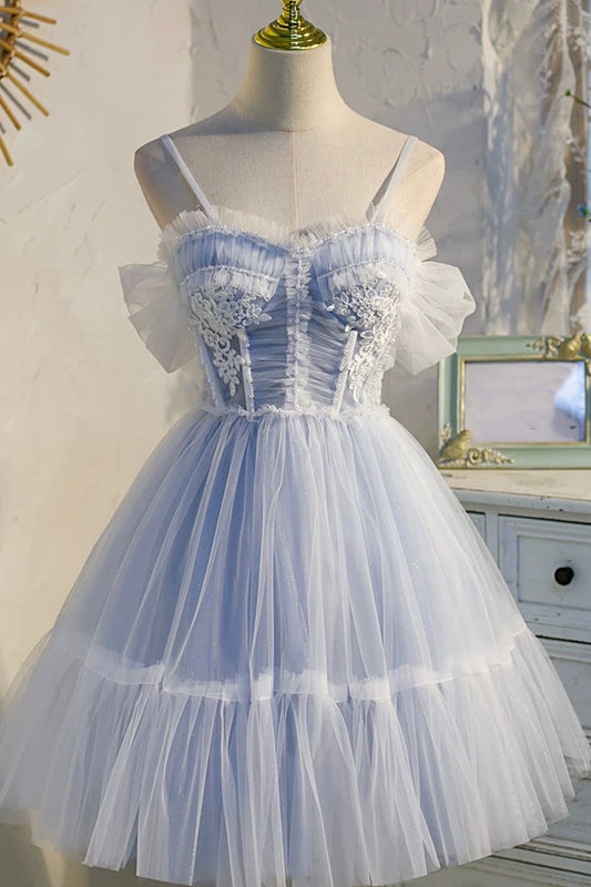 Princess Blue Lace Big Bow Spaghetti Strap Pearls Ruffles Party Short Prom Dress