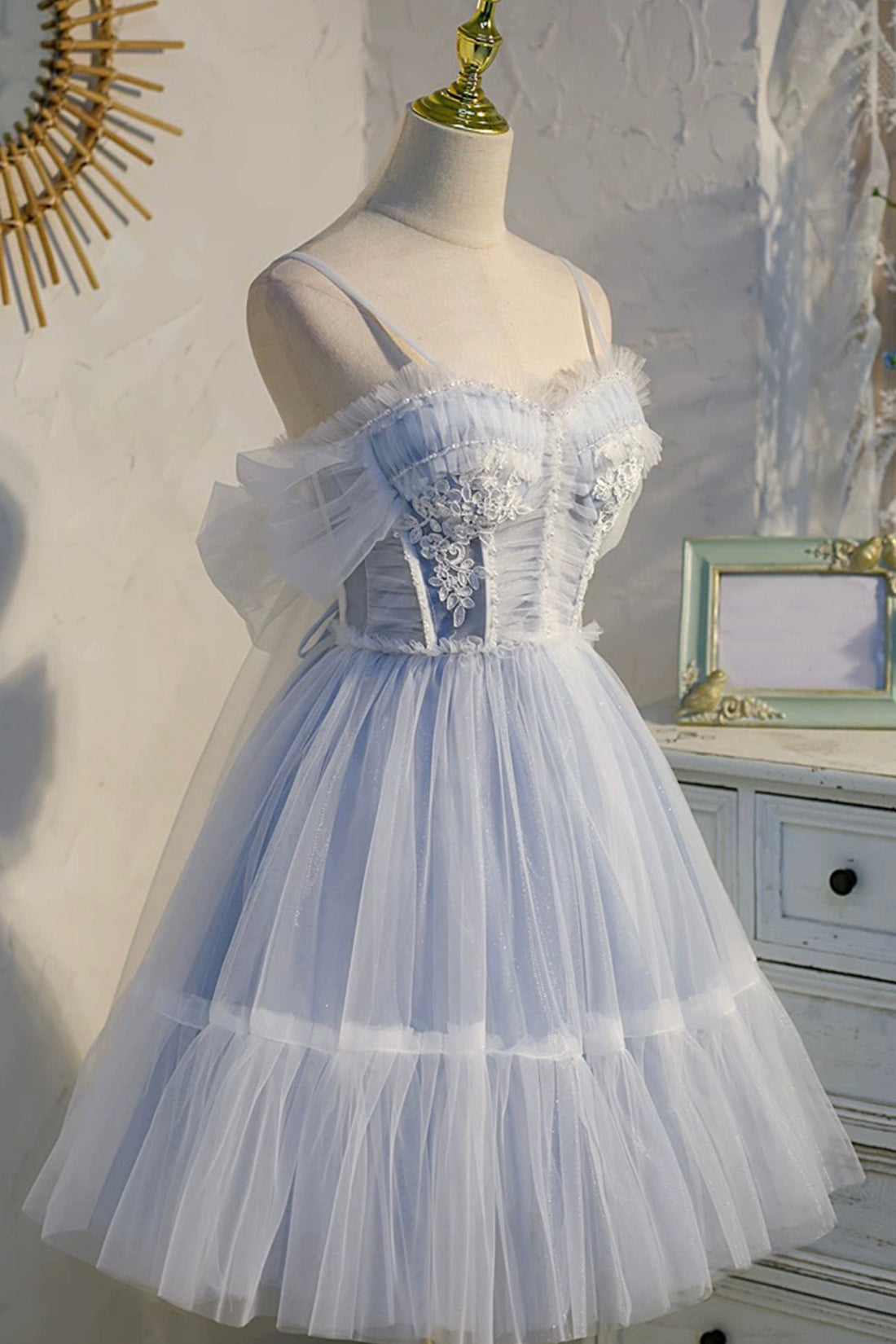 Princess Blue Lace Big Bow Spaghetti Strap Pearls Ruffles Party Short Prom Dress